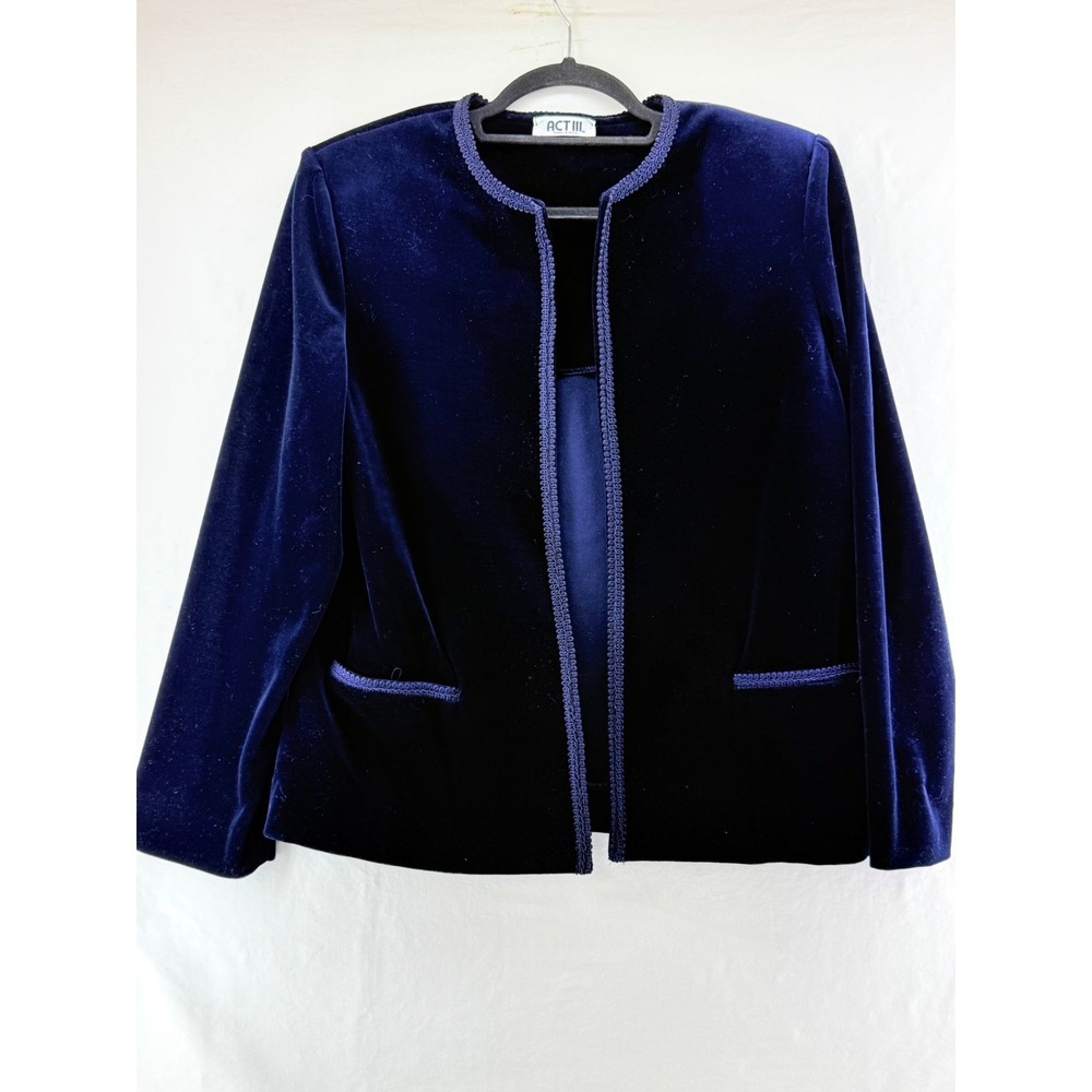 Act III Vintage Velvet Blazer Royal Blue Open Front Braided Trim USA Made Size 6
